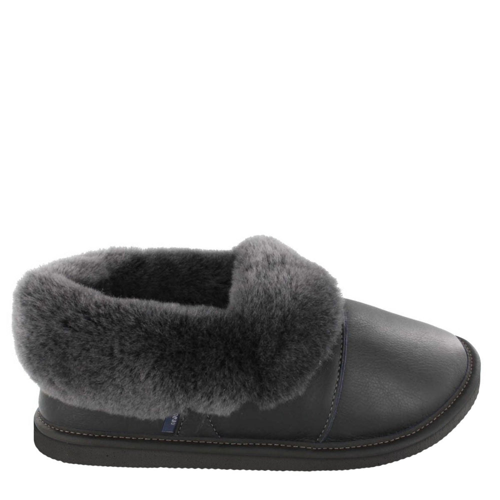 Men's Black  Leather Lazybone Sheepskin Slippers with EVA Outsole