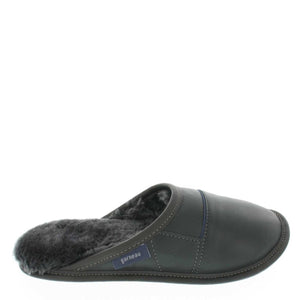 Men's Black Leather and Black Sheepskin Mule Slippers