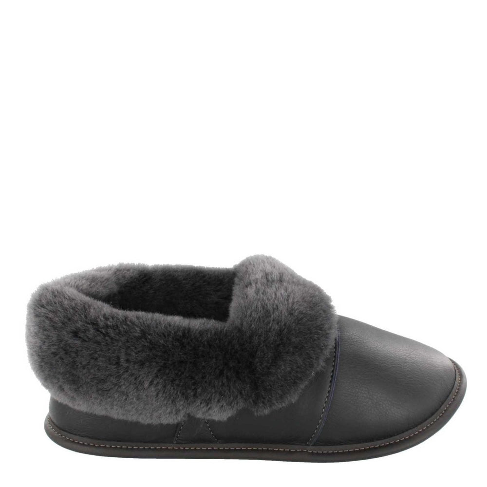 
            
                Load image into Gallery viewer, Women&amp;#39;s Black Leather and Silverfox Sheepskin Slippers
            
        