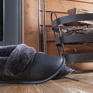 
            
                Load image into Gallery viewer, Men&amp;#39;s Black Lazybone Sheepskin Slippers by the Door
            
        
