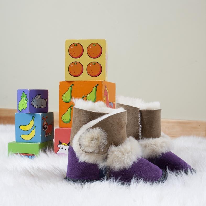 Kids' Purple Reversed Sheepskin Playmate Slippers with Blocks