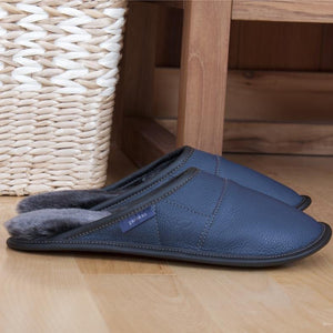 
            
                Load image into Gallery viewer, Men&amp;#39;s Navy Leather and Black Sheepskin Mule Slippers on Wooden Floor
            
        