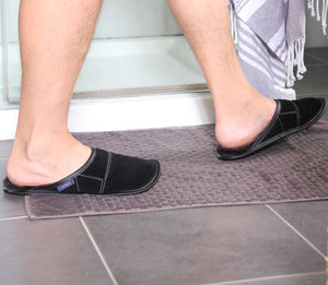 Men's Black Suede and Black Sheepskin Mule Slippers in Bathroom