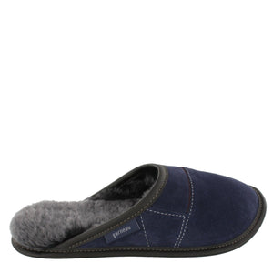 
            
                Load image into Gallery viewer, Men&amp;#39;s Navy Suede and Black Sheepskin Mule Slippers
            
        