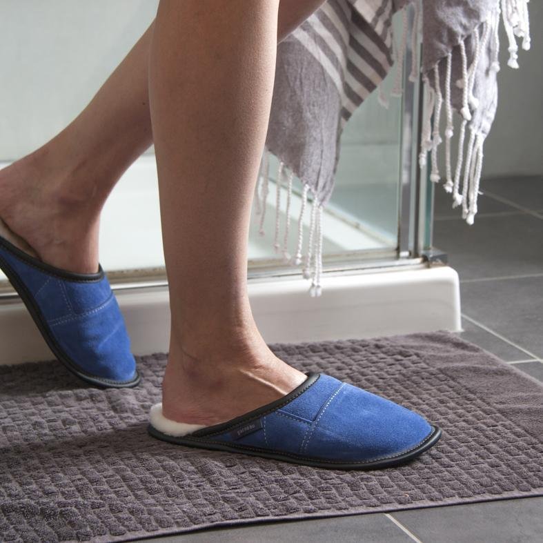 Women's Blue Suede and Sheepskin Mule Slippers in the Bathroom