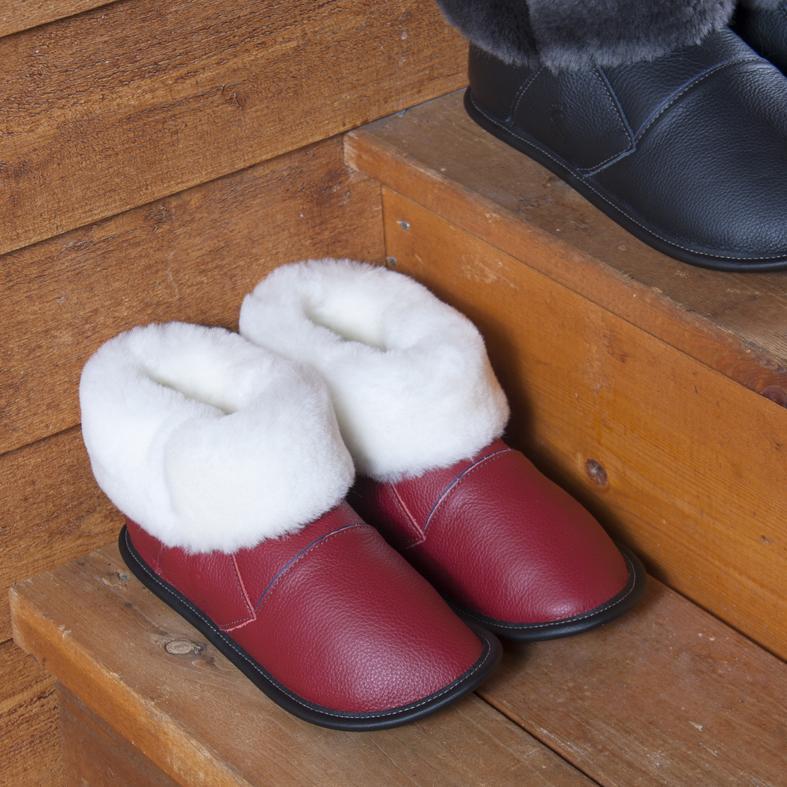 
            
                Load image into Gallery viewer, Women&amp;#39;s Red Leather and Sheepskin Shin Hugger Slippers in the Stairs
            
        