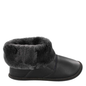 
            
                Load image into Gallery viewer, Men&amp;#39;s Black Leather and Black Sheepskin Shin Hugger Slippers
            
        