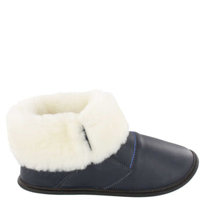 
            
                Load image into Gallery viewer, Women&amp;#39;s Navy Leather and Sheepskin Shin Hugger Slippers
            
        