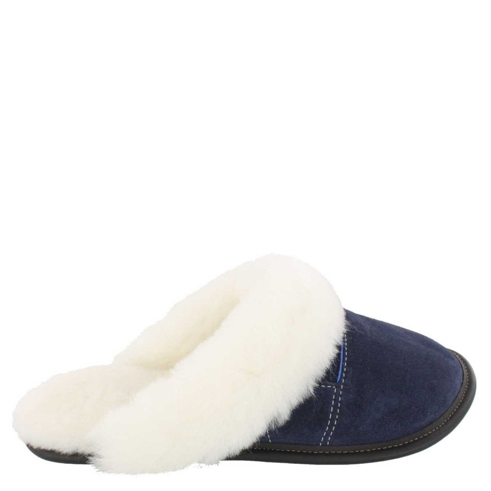 
            
                Load image into Gallery viewer, Women&amp;#39;s Navy Suede and Sheepskin Mule Head Slippers
            
        